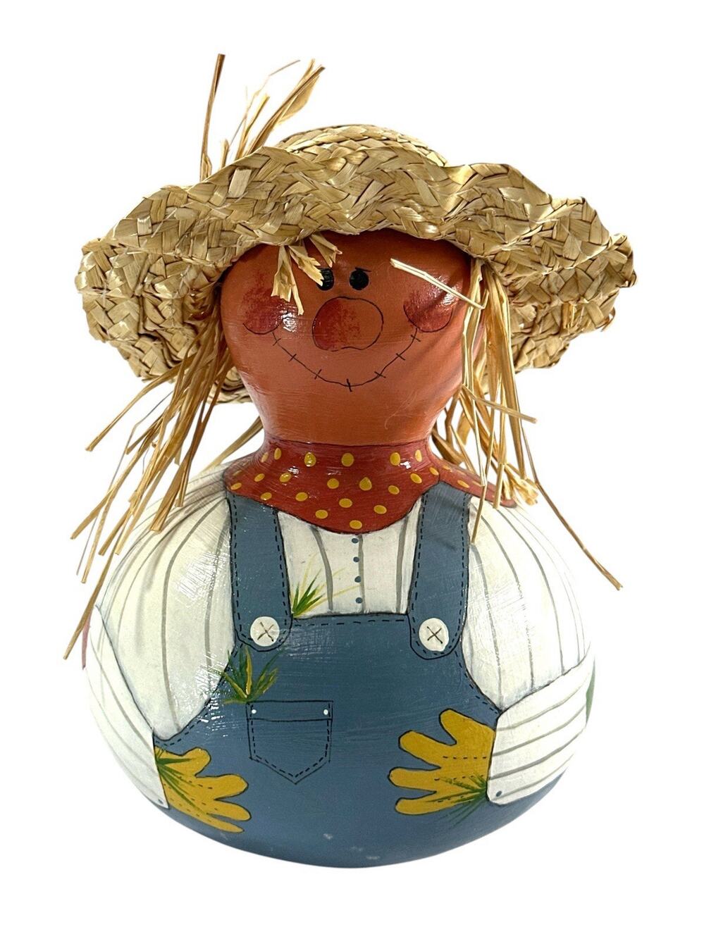 Vintage 1996 Hand Painted Gourd Scarecrow Folk Art Straw Hat Signed Martha 7.5”
